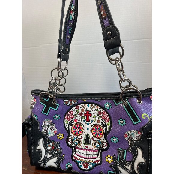 Sugar Skull Purple Handbag With Multiple Compartments & Black Accents V3 - Picture 3 of 5